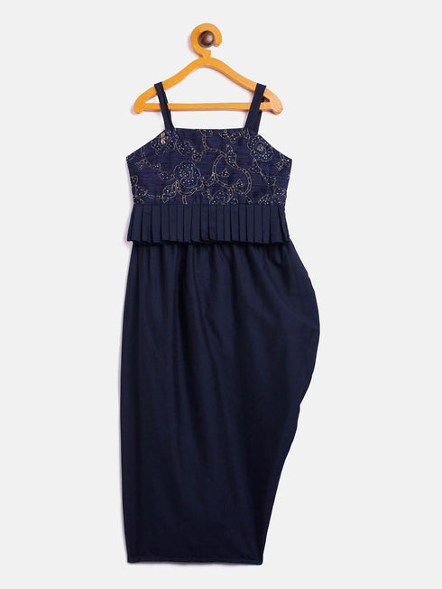 Vastramay SISHU Girl's Navy Blue Draped Skirt With Crop Top